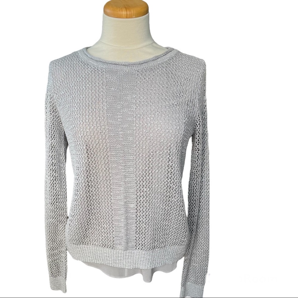 THML Sweater Top Knit Mixed Media Split Back Crossover Back Silver Gray Small